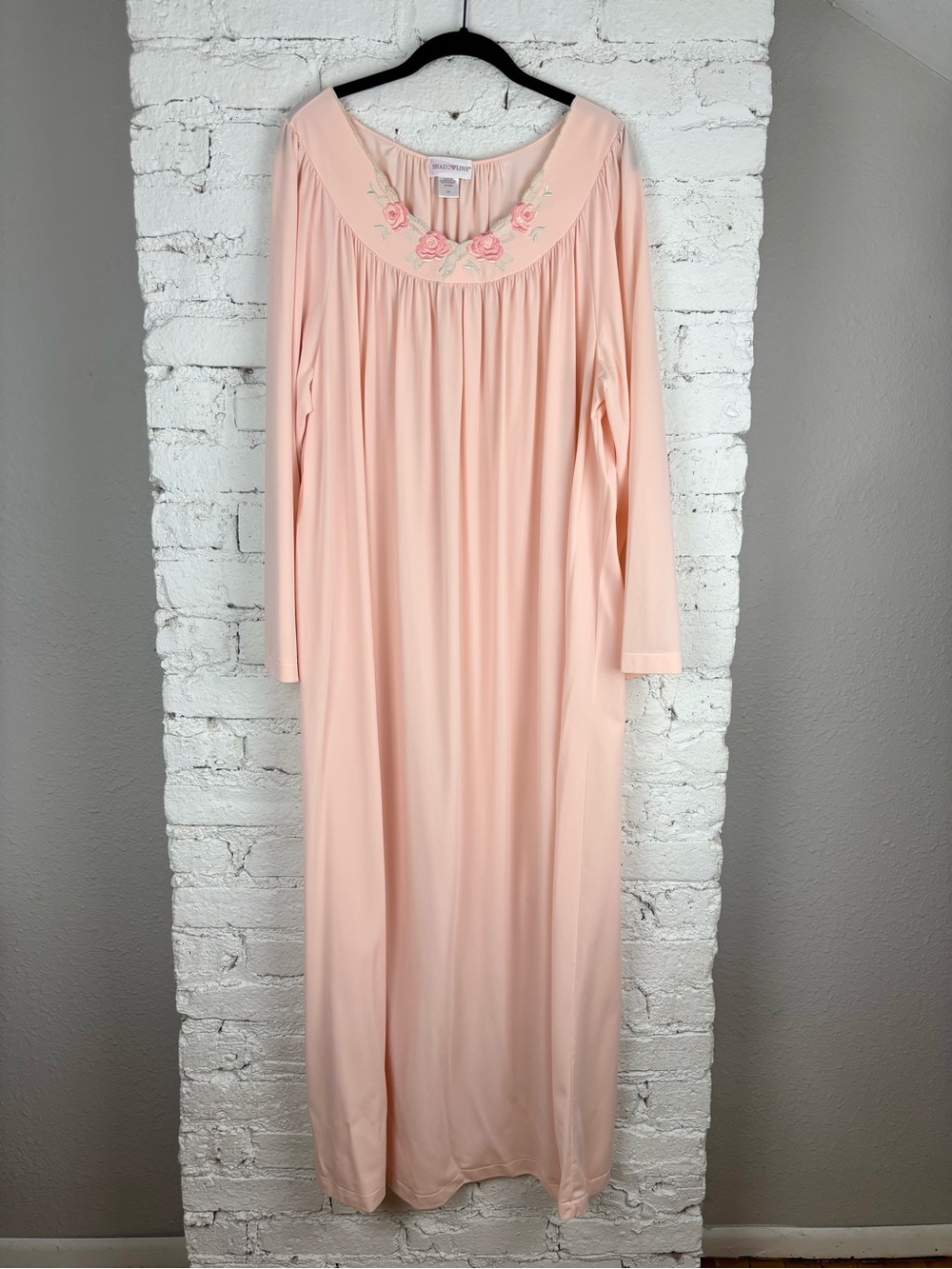Vintage Shadowline Romantic Peach Embroidered Mumu Nightgown Dress 2X